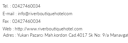River Butik Otel telefon numaralar, faks, e-mail, posta adresi ve iletiim bilgileri